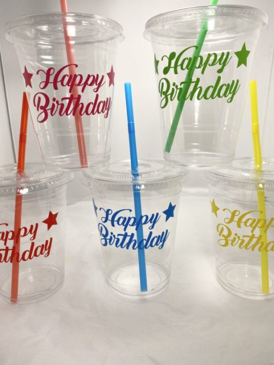 Happy Birthday Cups - 16 oz Cups with Lid & Straw - Thankful Sweets